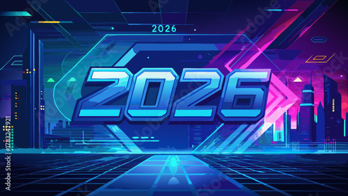 Futuristic neon cityscape with bold 2026 text glowing in blue and pink hues on a grid floor