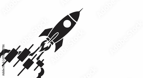 Rocket launching with cryptocurrency trading chart tail, symbolizing financial growth and innovation