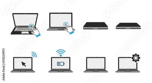This is an icon set illustrating various actions and states related to a laptop computer. The icons depict interaction (typing, tapping screen), different views (closed, open), and status indicator.
