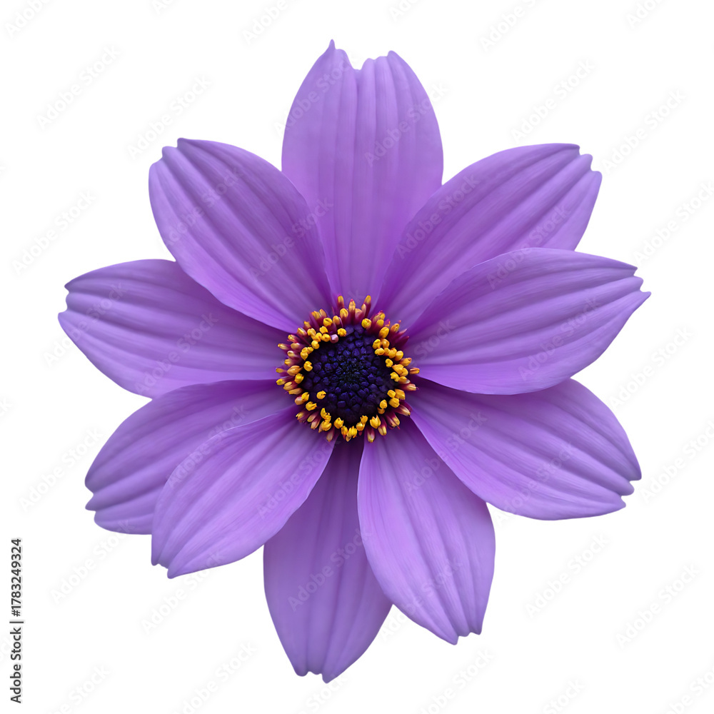 Obraz premium Vibrant Purple Flower with Bright Yellow Center Isolated on Transparent Background