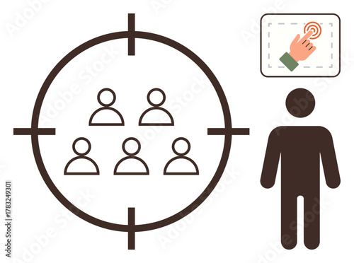 Crosshair focuses on group of people, symbolizing audience targeting. Includes user interaction icon and human figure. Ideal for marketing, advertising, recruitment, analytics, customer segmentation