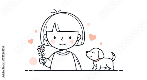 Adorable cartoon girl with a bob haircut smiles while holding a flower, standing next to a happy small dog, surrounded by loving hearts.