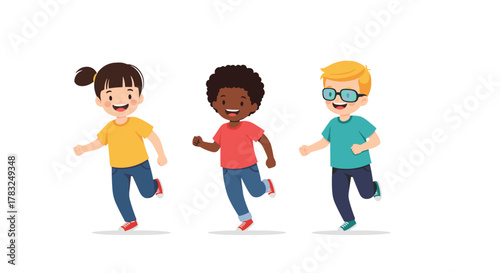 A diverse group of cheerful children running happily, capturing the essence of active play, friendship, and joy in childhood.
