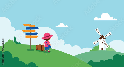 Cute cartoon girl with a suitcase at a signpost on a green hill, contemplating her journey towards a classic windmill.