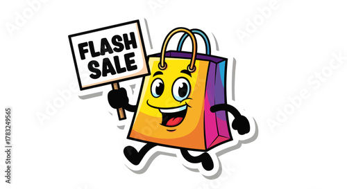 Cheerful Shopping Bag Character Announcing a Limited-Time Flash Sale, Vibrant Retail Promotion for E-commerce and Discounts