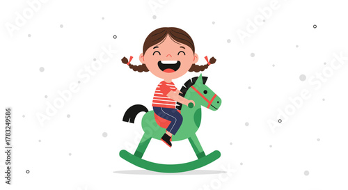 A joyful cartoon girl with pigtails laughs happily while riding her green wooden rocking horse, enjoying playful childhood fun.