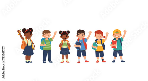 A group of happy, diverse elementary school children with backpacks and books, waving hello or goodbye, ready for a new school year.