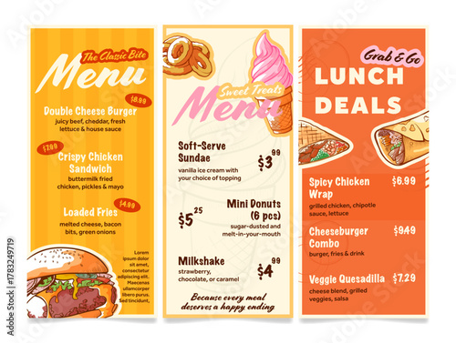 Fast food cafe menu showcasing lunch deals and dessert options with colorful graphics and appetizing descriptions
