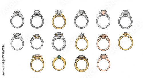 a grid of various engagement and diamond rings illustrated in clean line art with subtle color fills. The collection displays rings in different metal colors (silver, gold, rose gold) and mounting .