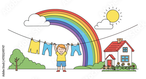 Happy boy hanging freshly washed laundry on a clothesline outdoors under a vibrant rainbow and bright sun with a house in the background.