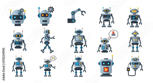  A set of flat design robot icons. This vector illustration collection features various cute, futuristic robot characters, androids, cyborg heads, and a robotic arm. Isolated on a white background.