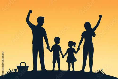 Family Standing on Hilltop Silhouettes