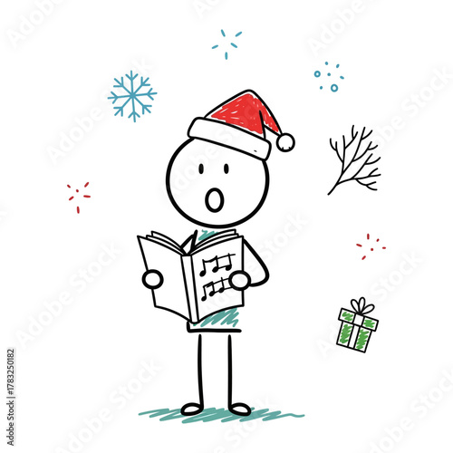 Winter Song: A festive stick figure, donning a Santa hat, sings carols from a book of music notes, surrounded by winter elements. Capturing the season's cheerful spirit.