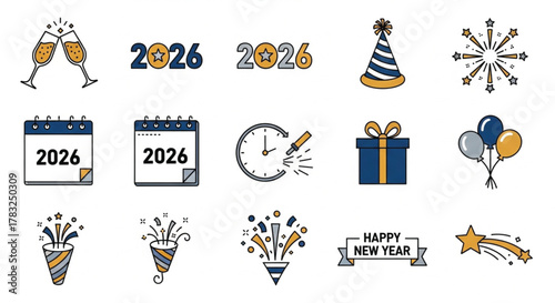 This is a collection of fifteen vector icons themed around New Year's Eve 2026. Key symbols include toasting champagne glasses, the number 2026 with a star accent, party hats, fireworks, calendars.