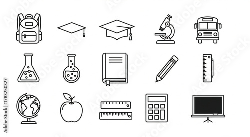 This image displays a collection of 15 black-and-white line art icons representing education and school supplies. The array includes a backpack, graduation caps, a microscope, chemistry beakers, 