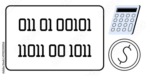 Binary numbers alongside a calculator and currency symbol highlight tech, digital currency, and data. Ideal for computing, finance, analytics, innovation, coding, fintech simple flat metaphor