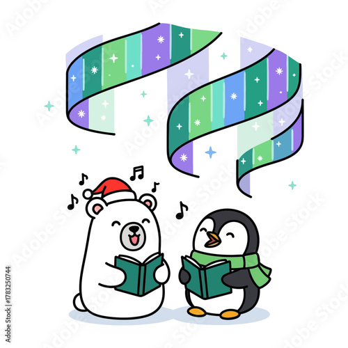 Celestial Carols: A heartwarming winter scene unfolds, where a jovial polar bear and a cheerful penguin harmoniously sing carols under the ethereal glow of the aurora borealis.