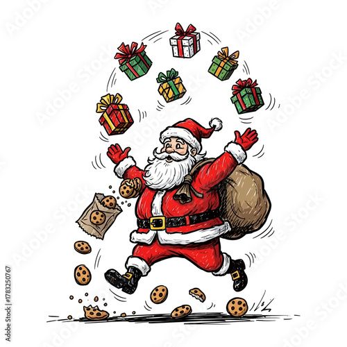 Joyful Santa's Delivery: A jovial Santa Claus joyfully juggles presents and cookies, embodying the spirit of Christmas, surrounded by gifts.