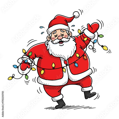 Santa's Festive Mishap: A comical scene unfolds as Santa Claus, entangled in vibrant fairy lights, humorously navigates a festive entanglement, offering a lighthearted view of holiday cheer.