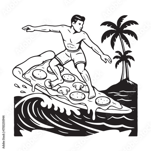 Man Surfing on Pizza Slice in Ocean Vintage Beach Illustration.