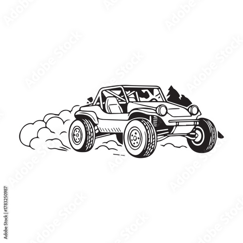 Off-Road Dune Buggy Racing in Desert with Dust Cloud Illustration.