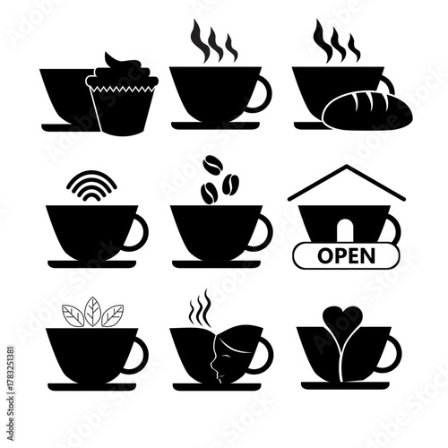 Coffee cups and beans silhouette vector illustration