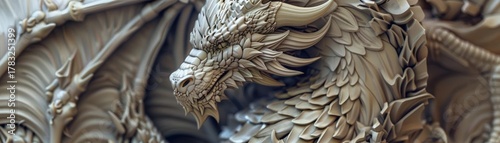 An intricate 3D model of a fantasy creature, such as a dragon or mythical beast, with detailed scales, horns, and wings