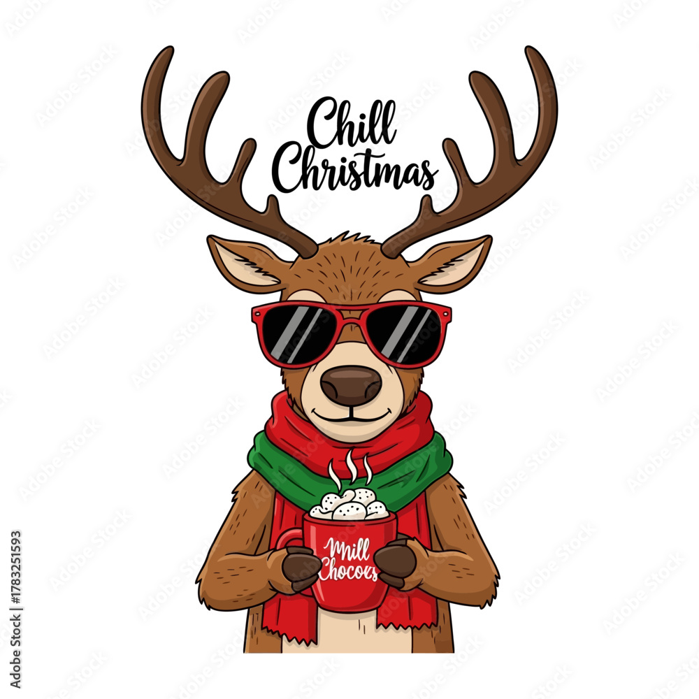 Fototapeta premium Chill Christmas Reindeer: A charming illustration depicts a reindeer embracing the festive spirit, donning stylish sunglasses and a cozy scarf, while holding a mug of warm drink.