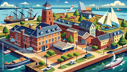 Very beautiful aerial view of the New Bedford Whaling Museum in the New Bedford Whaling National Historical Park, Massachusetts, USA, featuring historic downtown buildings, waterfront surroundings, 