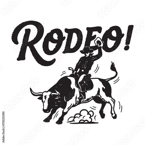 Exciting Rodeo Bull Rider Action with Text Typography.