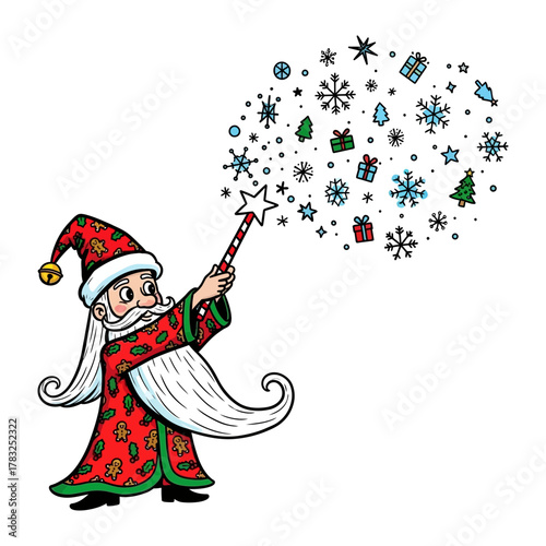 Santa's Whimsical Wishes: A jolly Santa, adorned in festive attire, conjures up a magical display of snowflakes and Christmas cheer with his twinkling wand.