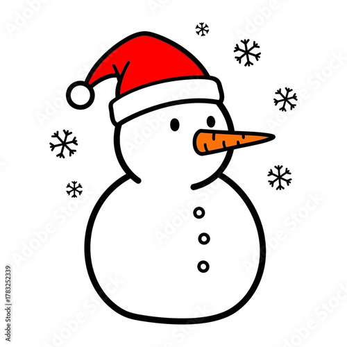 Festive Snowman: A charming snowman with a carrot nose and a vibrant red hat is surrounded by delicate snowflakes, celebrating the magic of winter.