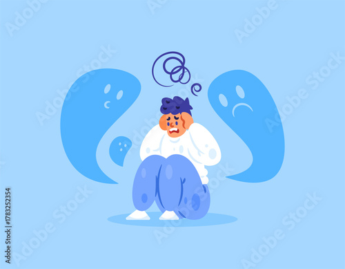 The concept of schizophrenia. A mental health disorder. Hallucinations, delusions, and chaotic confusion. Illustration of a man sitting feeling scared and anxious, afraid of a shadowy monster. Flat