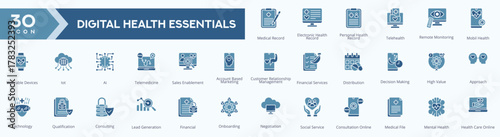 Digital Health Essentials icons collection vector images Duotone Set,
containing several telemedicine medical record, electronic health record, personal health record, iot and more.
for Web icons set.