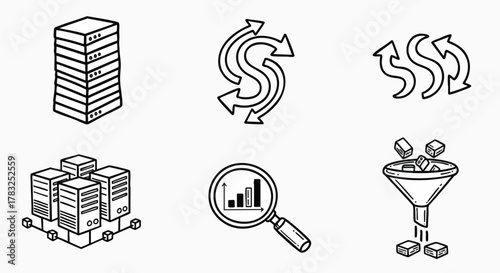 Hand drawn data server processing analysis icons set technology big data flow vector illustration flat design infographic