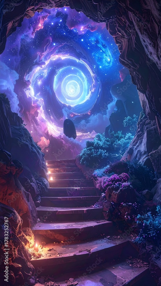 Fototapeta premium A stone stairway leads toward a mystical cosmic portal within a cave, adorned with celestial lights and vibrant nebulae
