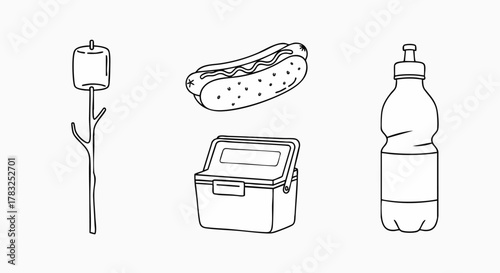 Summer camp and picnic essentials vector line illustration outdoor food drink marshmallow hotdog cooler bottle icon doodle drawing camping barbecue flatdesign graphic