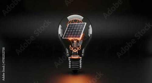 Conceptual 3D illustration showing a photovoltaic solar panel inside a glowing incandescent light bulb, symbolizing clean renewable energy and innovation.