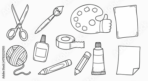 Doodle art and craft supplies collection creative hobby elements vector illustration flat design drawing tools school handmade creativity childhood