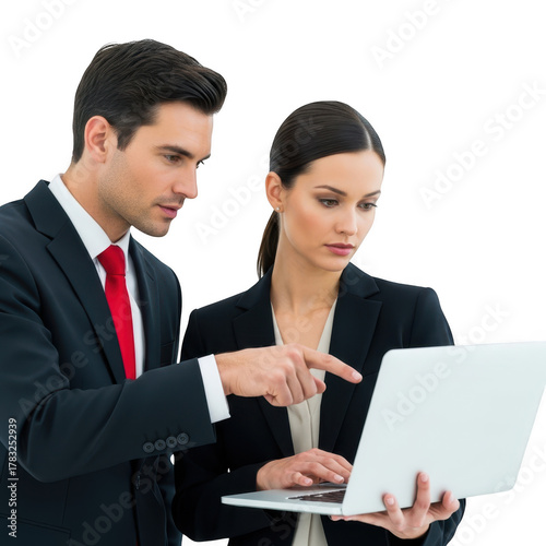 Business professionals collaborating on a laptop isolated on transparent background