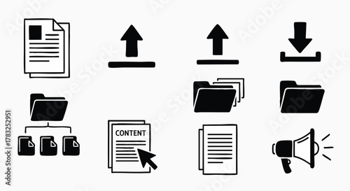 Digital file management and content icons collection modern vector illustration flat design upload download folder document content megaphone data icon set
