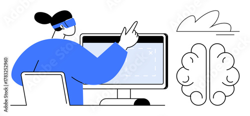 Person wearing VR headset interacts with computer screen while pointing, brain outline beside for intelligence. Ideal for technology, innovation, education, neuroscience, virtual reality, creativity