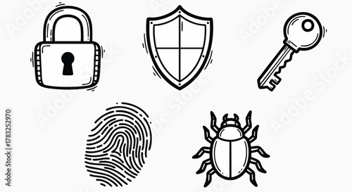 Doodle style security icons digital protection set vector Cybersecurity privacy shield key lock fingerprint bug illustration flat design