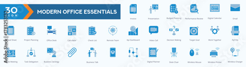 Modern Office Essentials icons collection vector images Duotone Set,
containing several invoice, presentation, budget planning, performance review, email and more.
for Web icons set.