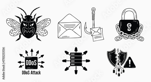 Modern cybersecurity threats data security risks vector illustration flat design hacking phishing malware DDoS attack privacy