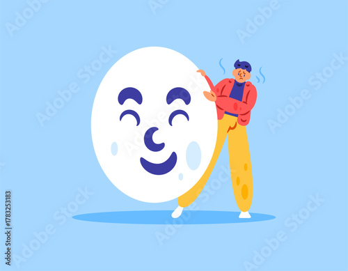 The concept of Eccedentesiast or smiling depression. Hiding sadness, depression, or trauma behind a smile. Mental health. Illustration of a man hiding behind a smiling mask. Flat style. Blue 