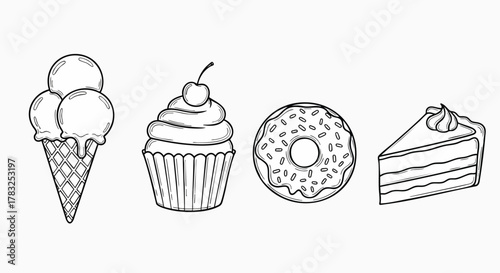 Cute outline dessert treats collection hand drawn style sweet food icon vector illustration flat design pastry bakery sketch drawing