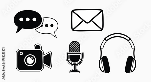 Social media communication tools icons set vector illustration flat design technology internet chat mail video audio podcast music