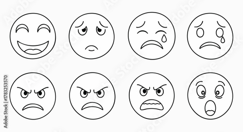 Various outlined facial expression emoticons showing diverse human feelings emoji reactions diverse emotions vector illustration flat design outline lineart set