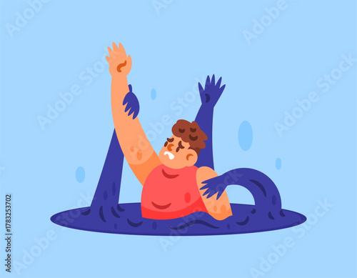 The concept of schizophrenia. Mental health disorders. Hallucinations, delusions, and fear. Illustration of a man trapped and drowning in fear and anxiety. Flat style. Blue background.